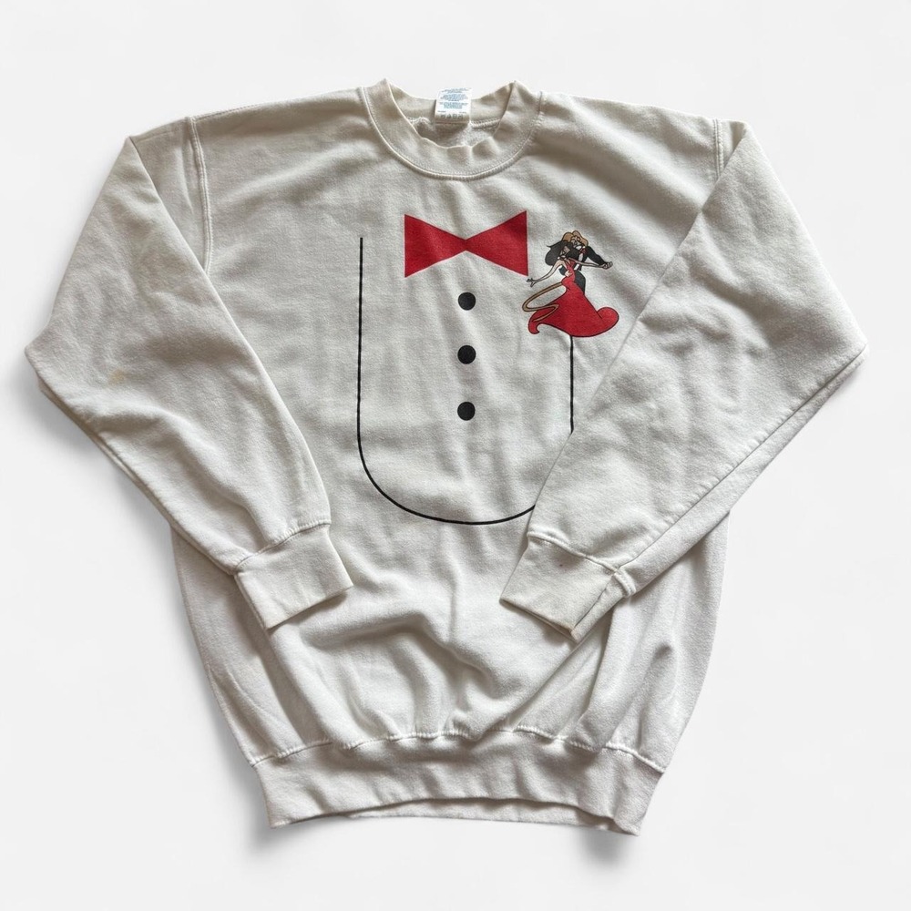 Vintage Gildan white crewneck sweatshirt with novelty tuxedo print, size M